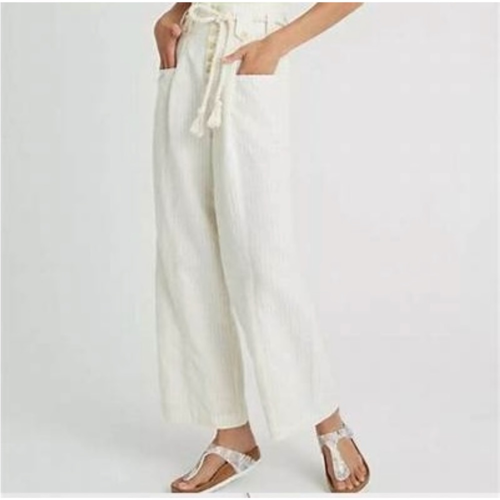 ⭐️Maeve anthropologie cream wide leg paper bag pants stripe rope belt nwt sz 2